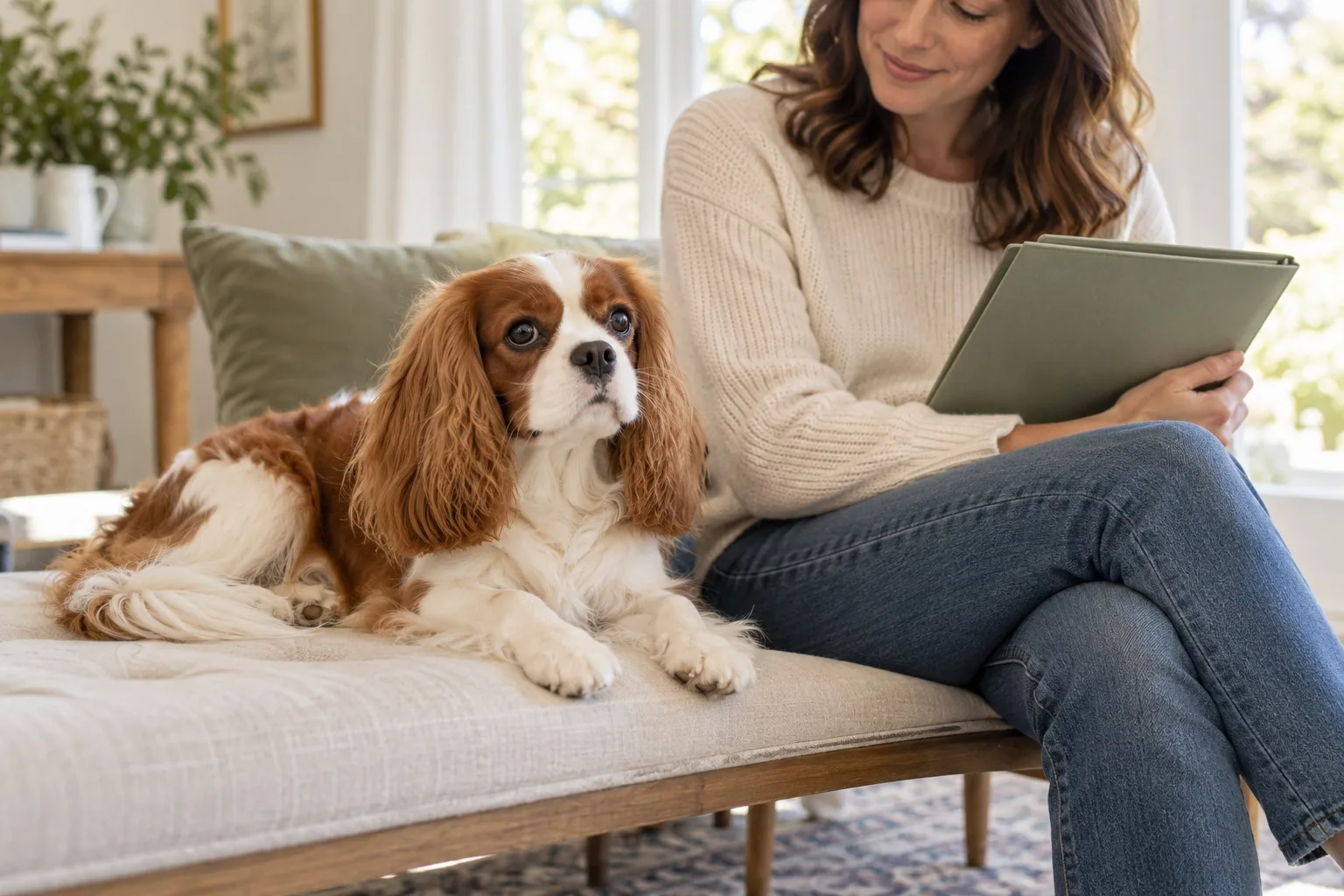 Cavalier-type dog resting beside an owner using a tablet